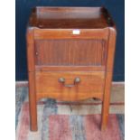 George III mahogany night commode with a tray top gallery above a tambour shutter door and commode