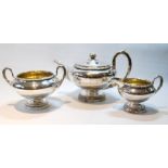 Silver three-piece tea set by R Gray & Sons, Glasgow 1825, of compressed spherical form with