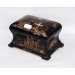 Victorian black papier mâché chinoiserie tea caddy enclosing two lead-lined compartments,