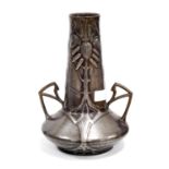 Arts & Crafts pewter secessionist twin-handled vase decorated with repoussé flowerheads and