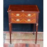 George III Sheraton-style inlaid mahogany work table with satinwood crossbanding to the top above