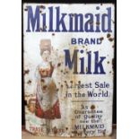 Vintage enamel advertising sign for Milkmaid Brand Milk, 'Largest sale in the world, as guarantee of