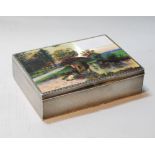 Silver cigarette box with enamel scene of a barn and a bridge, engine-turned, probably Austrian,