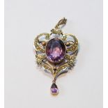 Late Victorian 9ct gold pendant with oval amethyst, pearls and drop, 7.7g gross.