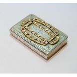 Silver gem-set box of book form, the cover with gold engraved bands set with various gems