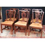 Set of six George III style mahogany dining chairs, including two carvers, with pierced splat backs,