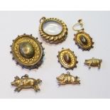 Victorian gold oval brooch and a pair of drop earrings, two 9ct gold pig charms and another, and a