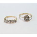 18ct gold and diamond cluster ring and a five-stone ring, sizes P and J., 4.4g  (2)