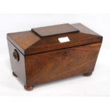 Regency rosewood tea caddy in the manner of Gillows enclosing two fitted compartments, with a carved