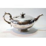 Silver teapot by Henry Hall, 1854, of compressed globular shape, inscribed, 13oz or 418g.