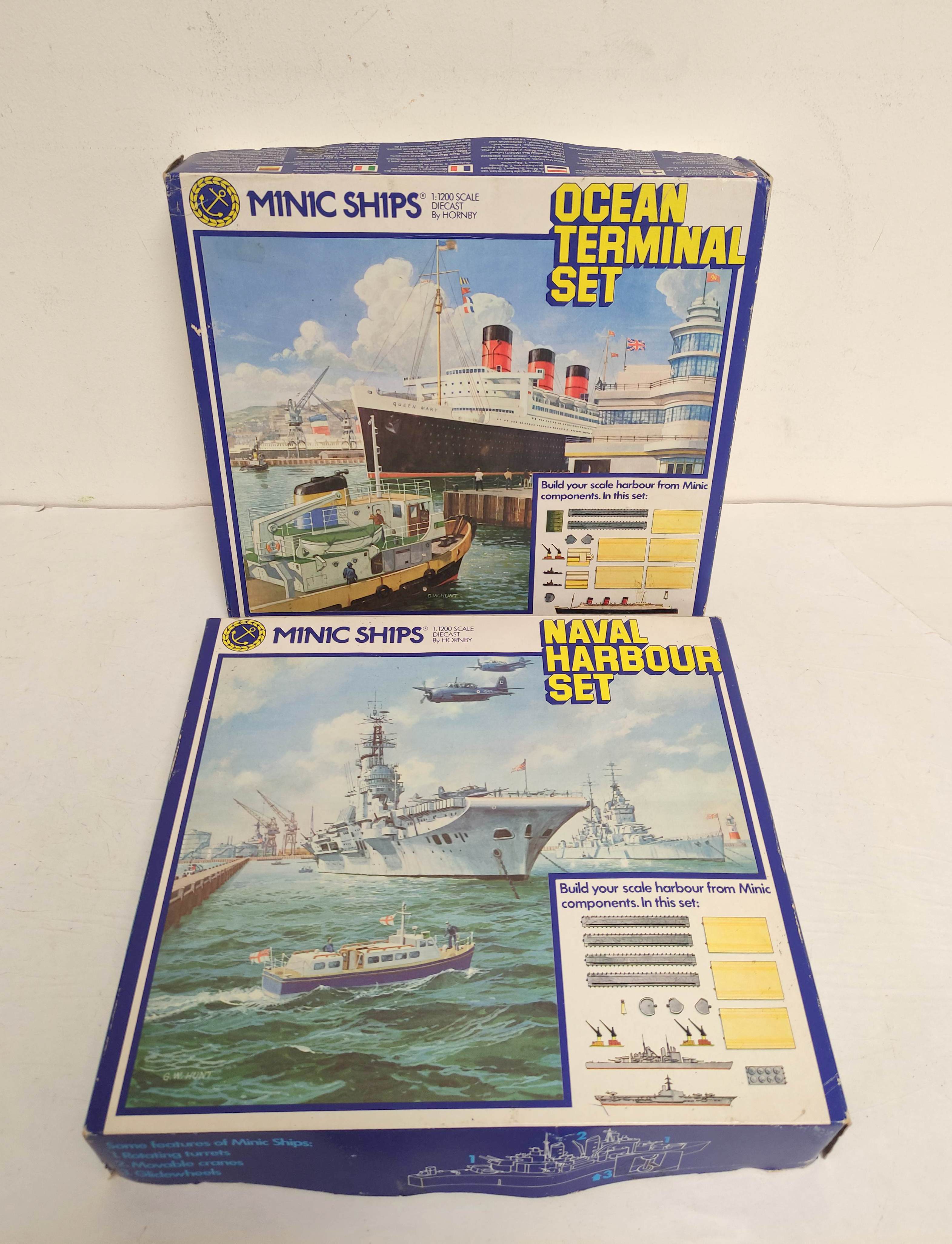 Minic Ships by Hornby 1:1200 scale boxed model ships. To include Naval Harbour Set & Ocean