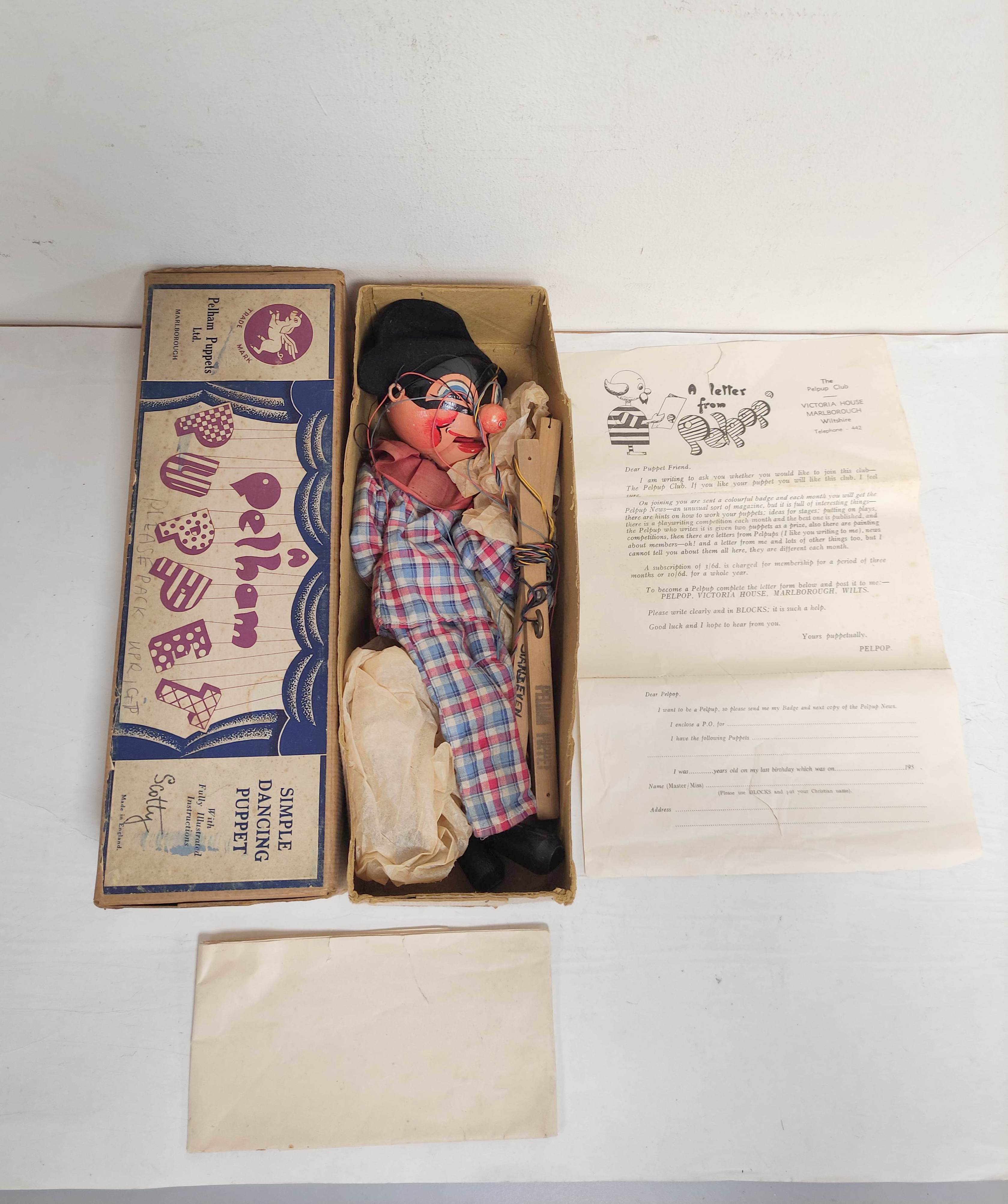 Scarce Pelham Puppet Harlequin type SM marionette with box, instructions and fan club letter. - Image 2 of 15