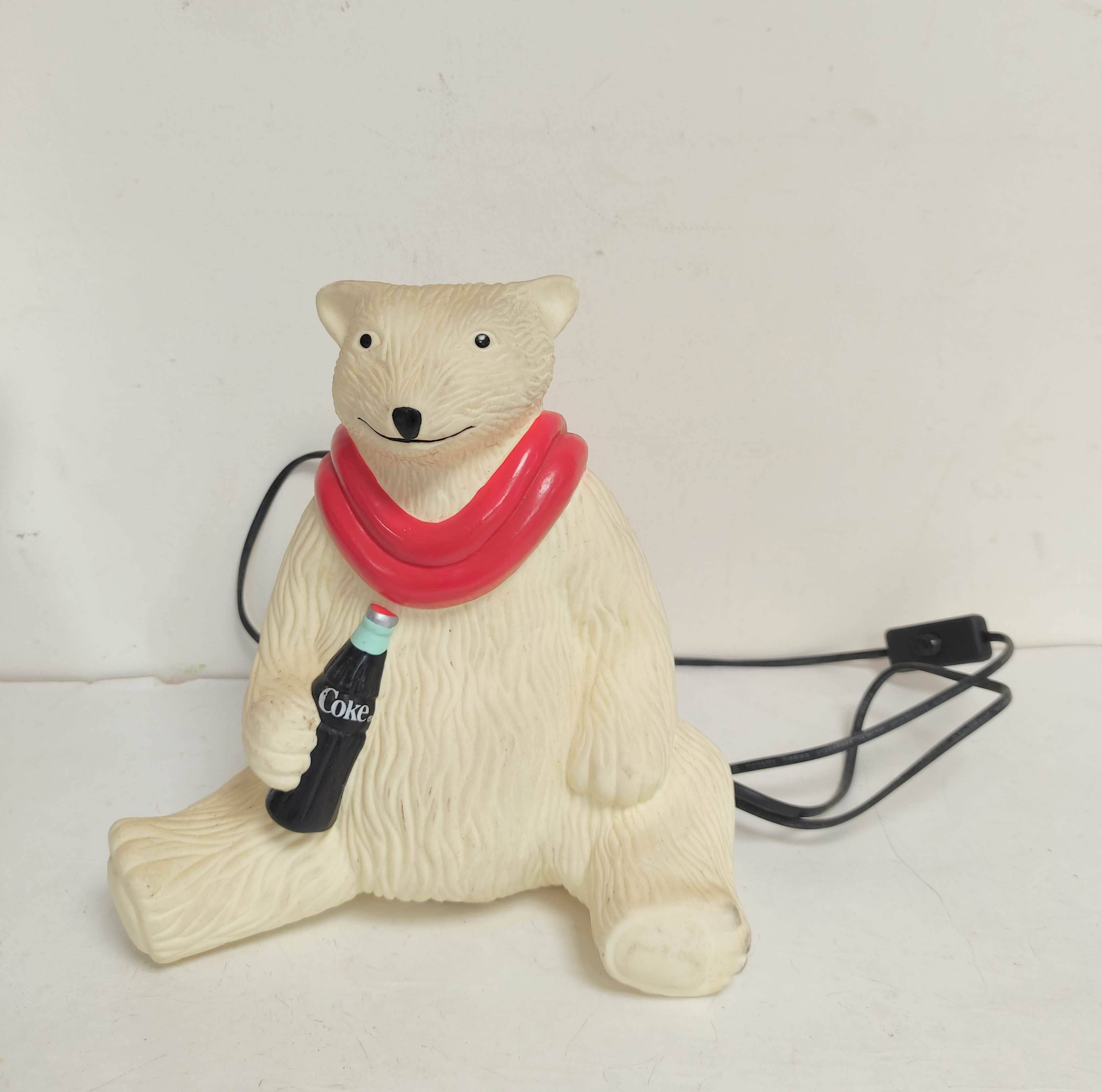 Vintage 1990s Coca Cola polar bear, 240v table lamp of plastic construction.