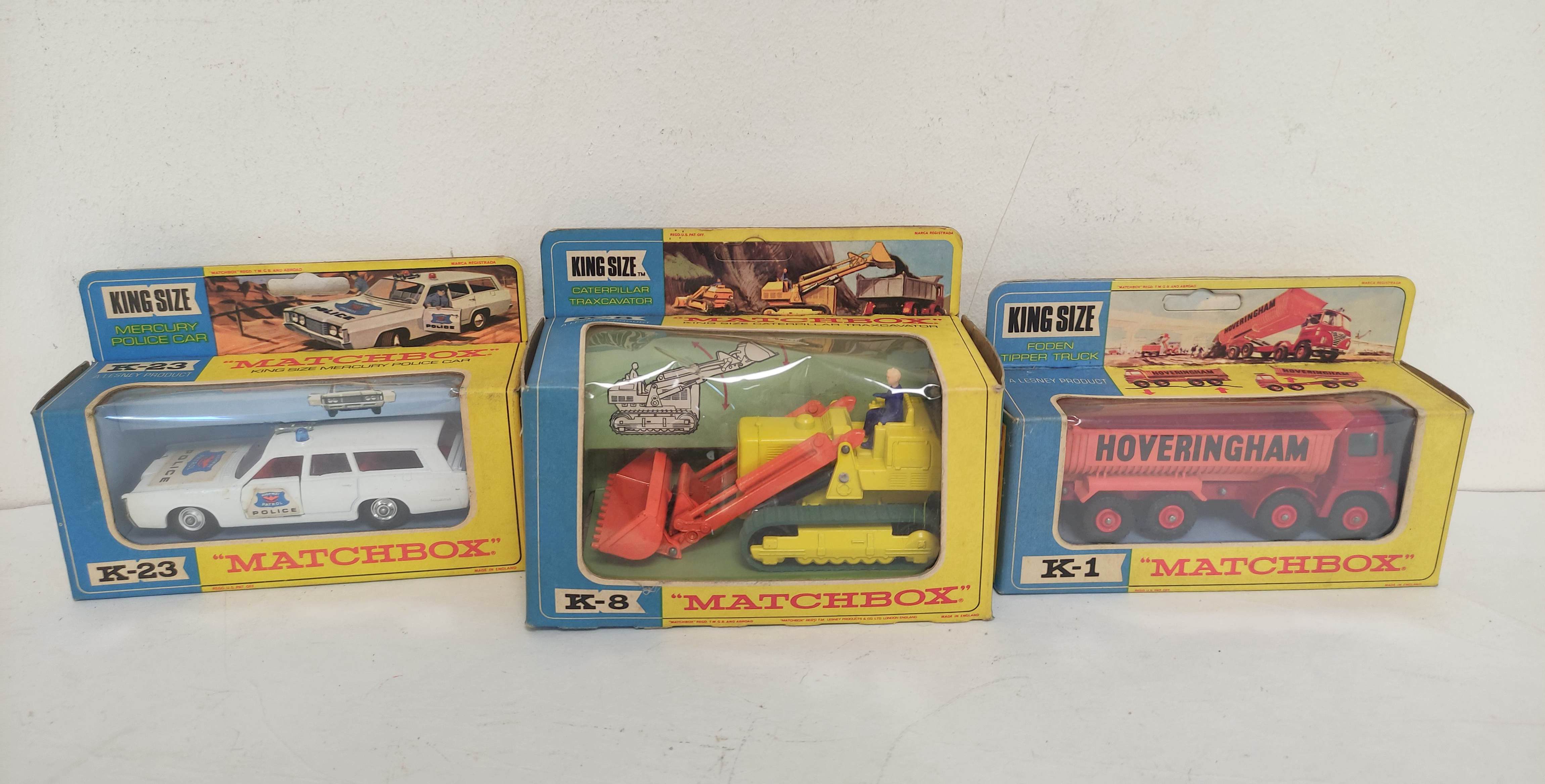 Three vintage boxed Matchbox Kingsize model vehicles to include a Mercury Police Car K-23,