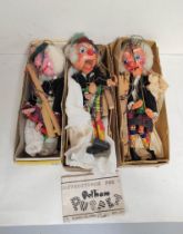 Three 1950s pelham puppets Sandy Macboozle marionettes. All with original boxes, one with