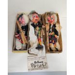 Three 1950s pelham puppets Sandy Macboozle marionettes. All with original boxes, one with