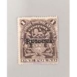 1909 Rhodesia British South Africa Company £1 postage stamp.