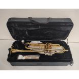 Brass student trumpet by Bentley Music Ltd in fitted velvet lined case.