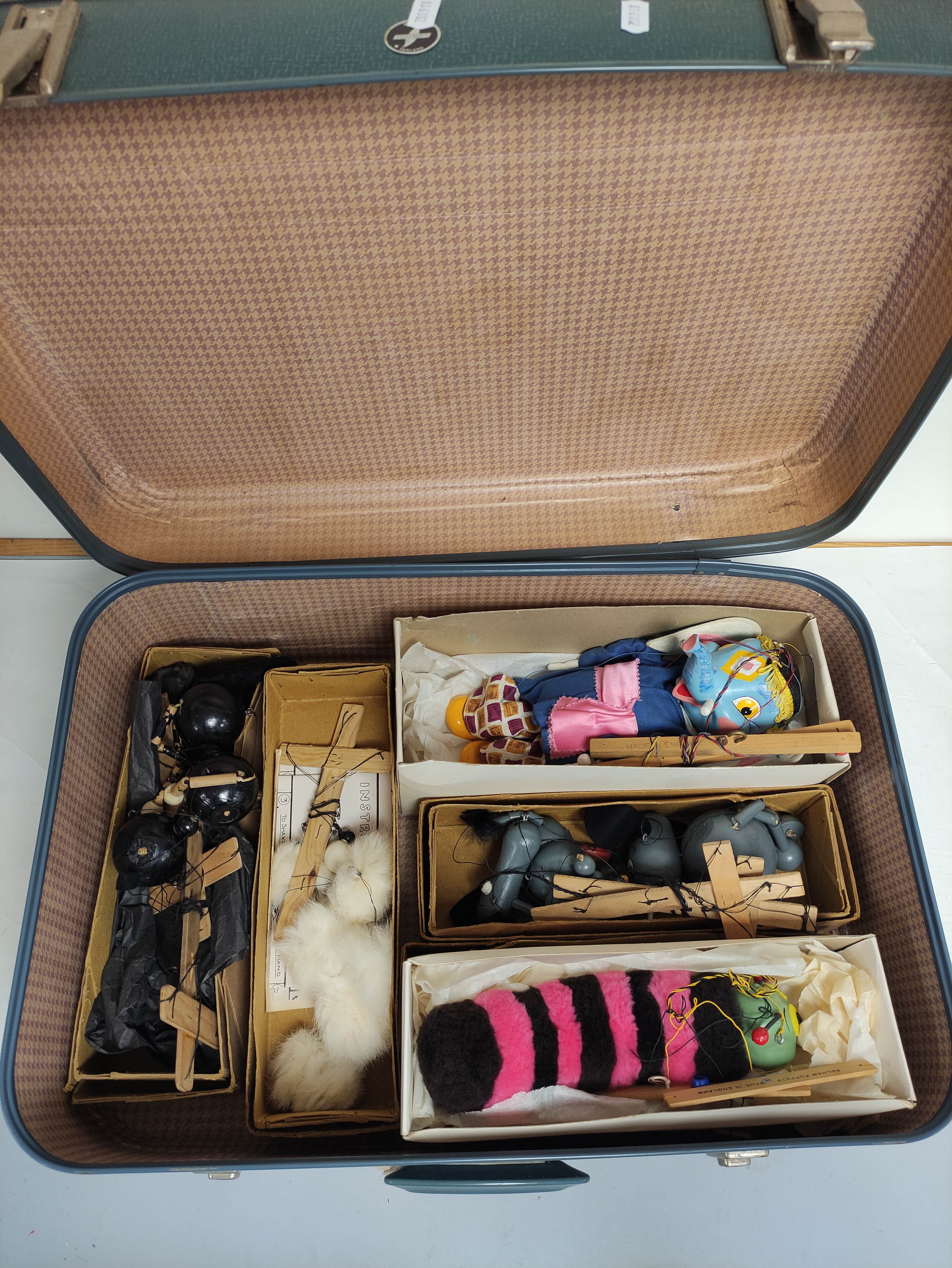 Suitcase containing a quantity of vintage Pelham Puppet animal marionettes to include Elephant - Image 2 of 11