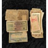 Vintage banknotes to include a German 1922 1000 Mark note, an Algerian 1950 1000 Frank note and