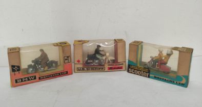 Three boxed vintage 1960s 1:32 scale Britains Ltd motorcyclist figures to include a BMW R60 600cc