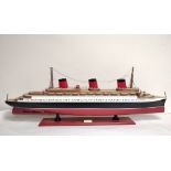 Large wooden painted model ship of S.S Normandie on stand. Approx 102cm long