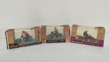 Three boxed vintage 1960s 1:32 scale Britains Ltd motorcyclist figures to include a Honda-Benly