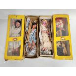 Four vintage Pelham Puppets marionettes to include a late 1960s Bimbo the Clown, Ballet Dancer