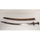 Antique Victorian Indian army Talwar sword with leather scabbard and graduated chevron handle. The