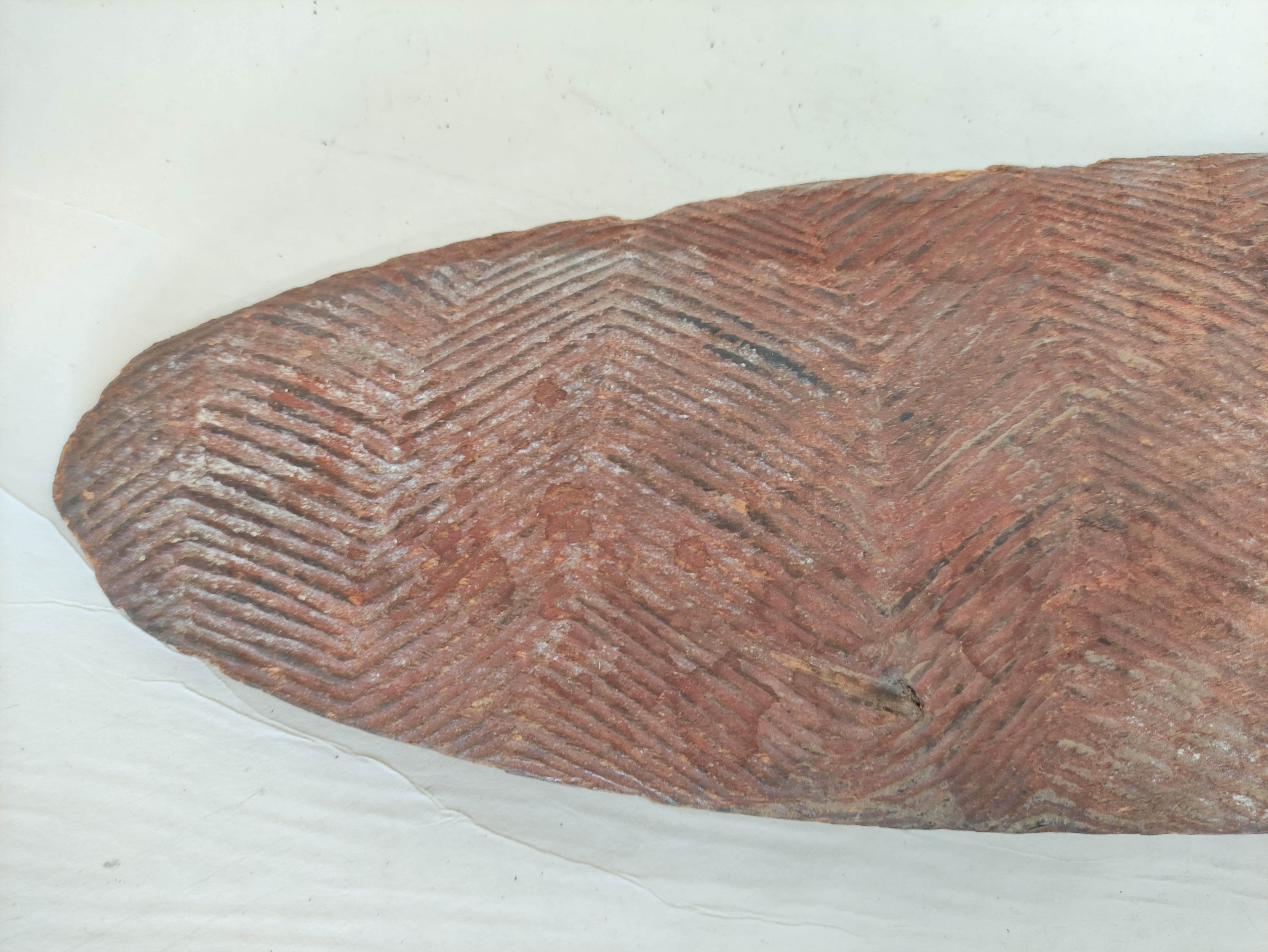 Antique Australian aboriginal wooden Churinga shield of elongated ovoid form and decorated profusely - Image 2 of 5