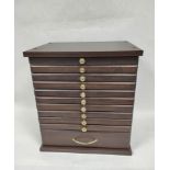 Modern collector's coin/medal cabinet with eleven pullout tray drawers. 45cm x 40.6cm x 30cm