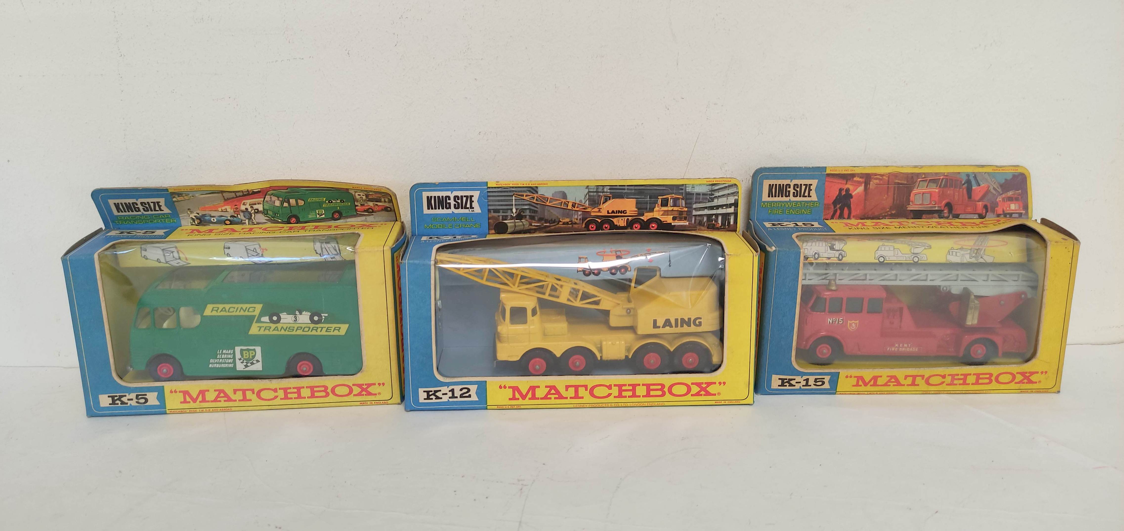 Three vintage boxed Matchbox Kingsize model vehicles to include a Scammell Mobile Crane K-12, Racing