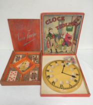 Antique French Nain Jaune (yellow dwarf) wooden box with five compartments. Also a vintage Clock