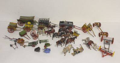 Quantity of Britains Ltd lead farmyard toys consisting of horses and carriages. Heavy play, worn