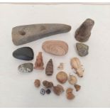 Collection of tribal stone tools and implements to include granite, basalt & shale axe heads, a