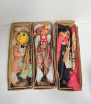 Three vintage boxed Pelham Puppets marionettes to include Mr Turnip, Witch etc. (3)