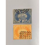 Two scarce 1857 Pacific Steam Navigation Company (Peru) stamps. To include an orange 1 Ris stamp and