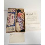 Scarce Pelham Puppet Harlequin type SM marionette with box, instructions and fan club letter.