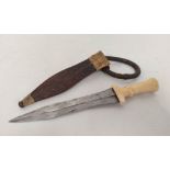 Antique Sudanese arm knife of leaf blade form with carved ivory handle in leather & crocodile hide