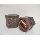 Antique Victorian button box concertina by an unknown maker (likely Lachenal) in wooden case with