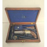 Antique Victorian 1850s percussion cap pepperbox pistol with six rotating hexagonal barrels, by