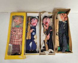 Four vintage Pelham Puppets marionettes to include Schoolmaster (lacking mortarboard hat),