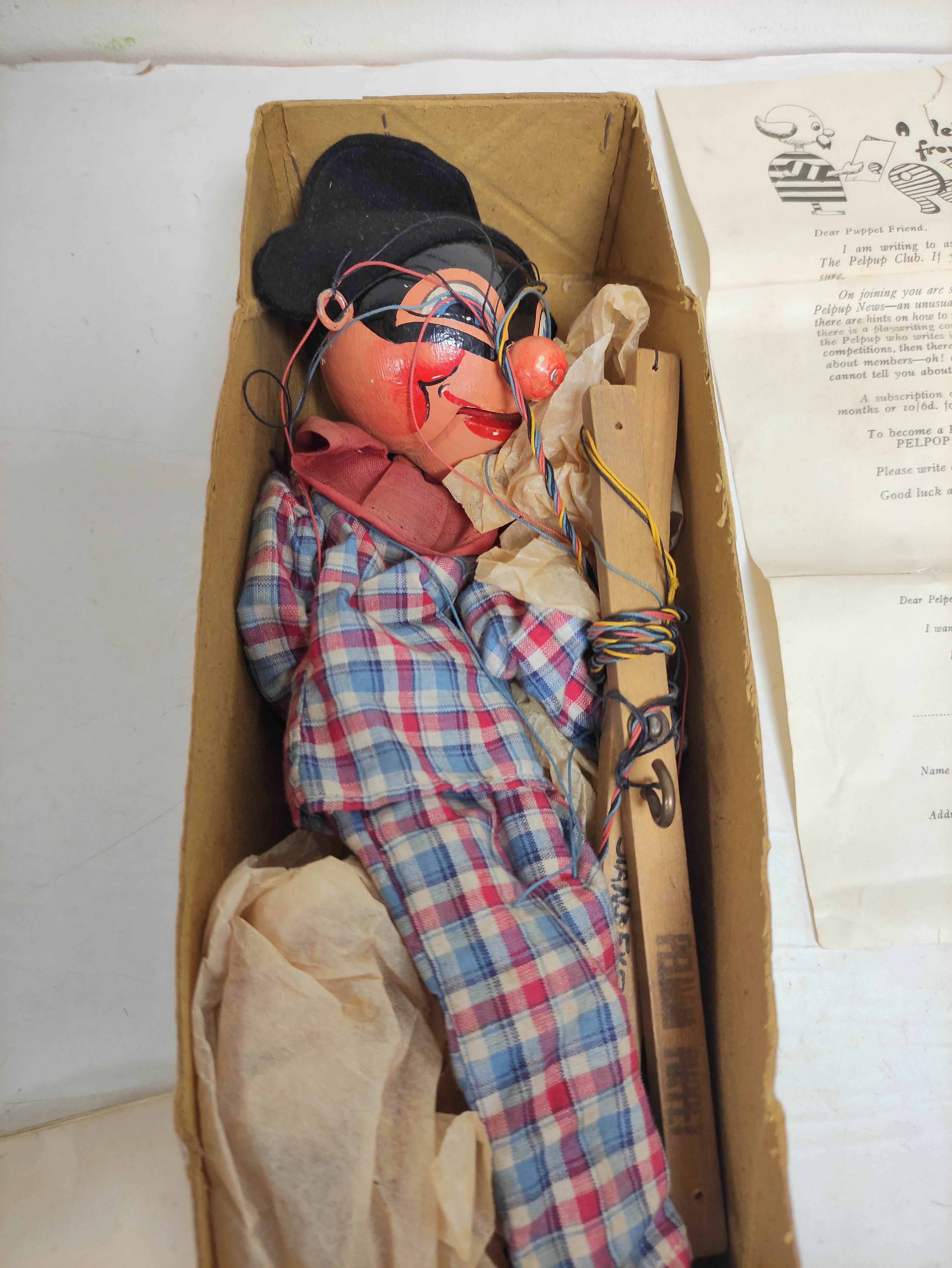 Scarce Pelham Puppet Harlequin type SM marionette with box, instructions and fan club letter. - Image 3 of 15