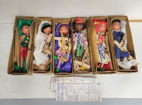 Six vintage Pelham Puppets marionettes to include Sailor type SS, Tyrolean Boy etc. All with