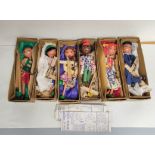 Six vintage Pelham Puppets marionettes to include Sailor type SS, Tyrolean Boy etc. All with