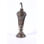 Silver golfing trophy prize cup and cover with golfer finial, inscribed 'The Phee Golf Club' by
