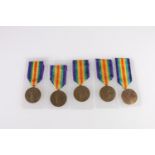 Five British WWI Victory medals awarded to casualties, killed in action KIA, died of wounds DOW,