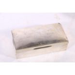 George V silver cigarette box with wood lined two division interior having inscription "Captain W