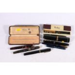 Collection of fountain pens including Parker Duofold, Wyvern no84 with 14ct gold nib, Parker