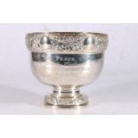 Sterling silver pedestal bowl, with embossed foliate decoration, engraved 'Peace, Dorothy Heathcote,